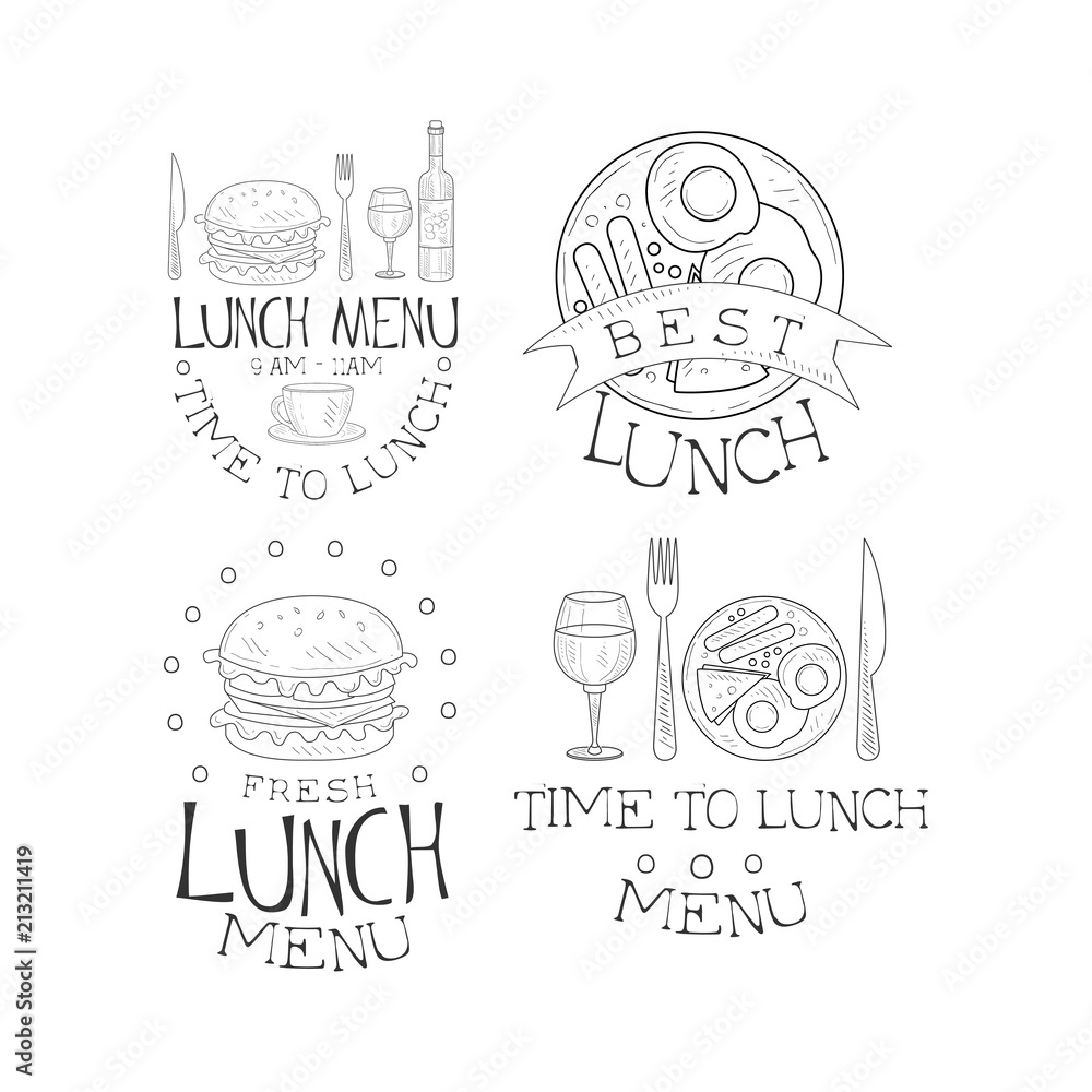 Sticker Vector set of monochrome lunch logos. Sketch style emblems with fried eggs with sausages and tasty burgers. Design for cafe menu or promo poster