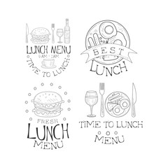 Vector set of monochrome lunch logos. Sketch style emblems with fried eggs with sausages and tasty burgers. Design for cafe menu or promo poster