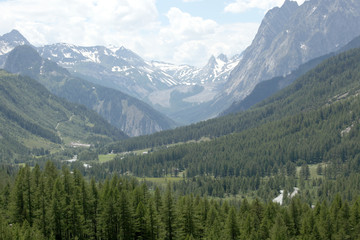 scenic view on a wide valley on Italian alps Val Ferret