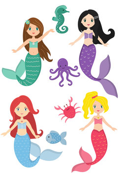 Mermaids princess and aquatic nature, Cute vector seahorse, crab, tropical fish and octopus. Isolated on white background.