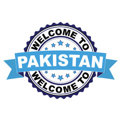 Fototapeta premium Welcome to Pakistan blue black rubber stamp illustration vector on white background