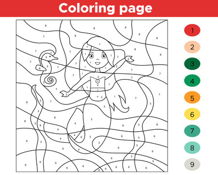 Color by numbers. Cute cartoon mermaid and seahorse. Educational game for children. Activity printable worksheet. Vector illustration