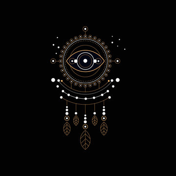 Dream trap, religion, shamanism, spirituality ethnic symbol vector Illustration on a black background