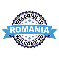 Welcome to Romania blue black rubber stamp illustration vector on white background