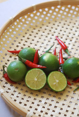Red chili peppers and limes.