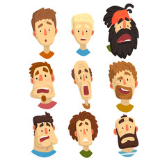 Flat vector set of male portraits with surprised and shocked facial expressions. Young guys and adult men. Cartoon people characters