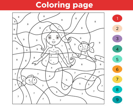 Educational game for kids. Color by numbers. Cartoon mermaid with fishes. Vector illustration
