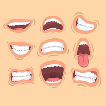 Flat vector set of male mouths with different emotions. Smile, sticking out tongue, anger, happiness. Design for mobile app, sticker or print