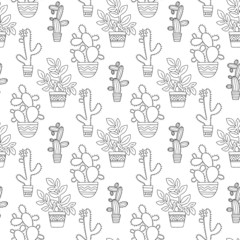 Lovely seamless vector pattern with cactuses in pots. 