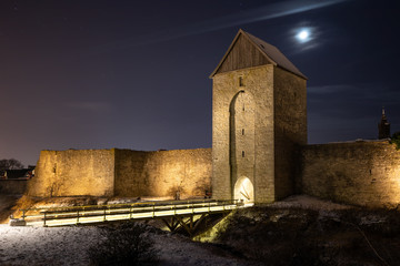 Visby Old Town Walls during winter night