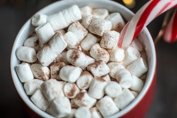 Christmas background candy cane branches Hot Chocolate Beverage dried orange slices on dark background. Holiday card. Top view