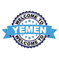 Obraz premium Welcome to Yemen blue black rubber stamp illustration vector on white background