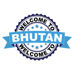 Welcome to Bhutan blue black rubber stamp illustration vector on white background