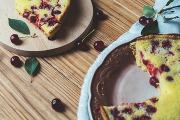 Homemade cherry pie on a wooden table