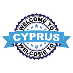 Obraz premium Welcome to Cyprus blue black rubber stamp illustration vector on white background