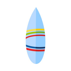 Vector flat surfboard longboard blue colored with bright stripes icon. Summer active vacation, tropical beach seaside holiday symbol. Isolated illustration white background