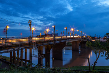 The color of Night traffic light on the road on the bridge (Eka Thot Sa Root Bridge) in Phitsanulok, Thailand.