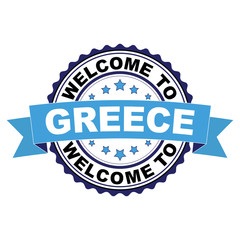 Welcome to Greece blue black rubber stamp illustration vector on white background