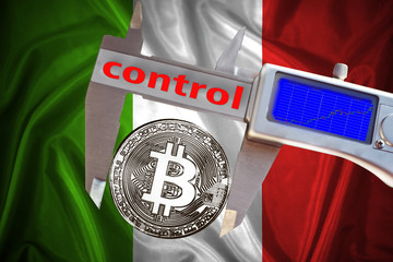 FFinance concept, Bitcoin on the background a Flag  of Italy, bitcoin control, bitcoin in a...