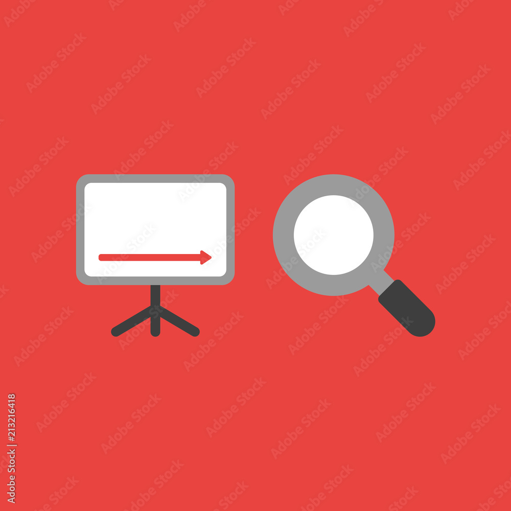 Poster vector icon concept of sales chart arrow moving down with magnifying glass on red background