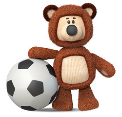 3d illustration funny brown bear toy with soccer ball