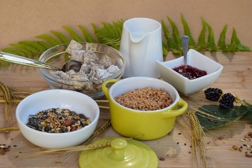 Leckeres, gesundes Frühstück, mit Cerealien, Körnern und frischer Milch