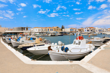 Fototapeta na wymiar Sunny summer day and beautiful fishing boats in the port of Elafonisos village island, Laconia, Peloponnese, Greece June 2018.