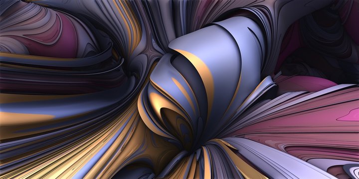 3D Abstract Illustration - Abstract smooth organic purple, yellow and pink shapes, Taffy candy appearance. Liquid explosion, Artificial Intelligence illustration. geometric twisted symmetry, curves