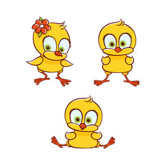vector flat cute baby chicken yellow small funny chick set. run Bird animal characters standing with flower in hair, sitting, isolated illustration on a white background kids design object.