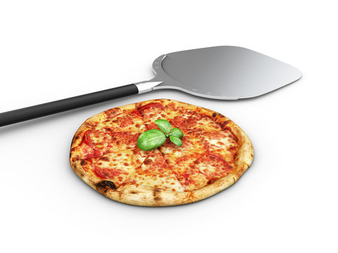 Hot pizza slice with melting cheese, isolated white.