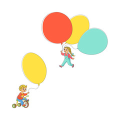 Vector sketch little girl child walking with air balloon in jeans on suspenders, boy riding bike holding balloons. Happy kid characters celebration party invitation card design. Isolated illustration