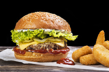 Craft beef burger and french fries