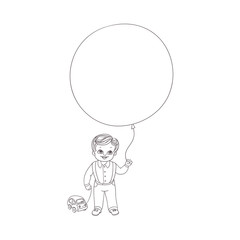 Vector flat sketch little boy child standing holding big air balloon car toy smiling. Happy male kid character celebration party invitation card coloring book design. Isolated monochrome illustration