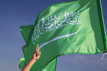 Male hand showing a peace sign over the whole world against the background of the Flag of Saudi...