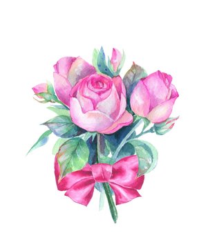 Watercolor bouquet. Roses and bow. Isolated on white background