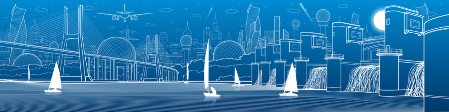 City infrastructure panoramic illustration. Big bridge across river. Hydroelectric Power Station. Sailing yachts on water. White lines on blue background. Vector design art
