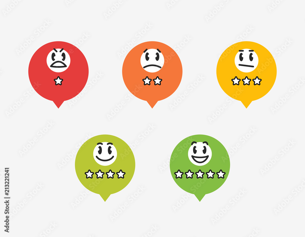 Poster colorful badges with star rating and funny emoticons. easy to use for your website or print.