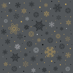 Christmas pattern with snowflakes, stars and dots isolated on dark background. Fits perfectly for print or any christmas background.