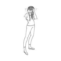 Young woman with headache or migraine symptoms - female character standing and pressing her head because of terrible pain isolated on white background. Black and white hand drawn vector illustration.