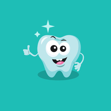 Cute tooth mascot recommends cleaning the teeth with big smile and shine isolated on green background. Flat design style for your mascot branding.