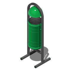 Зеленая цилиндрическая уличная урна для мусора с крышкой, изометрическая векторная иллюстрация на белом фоне с тенью