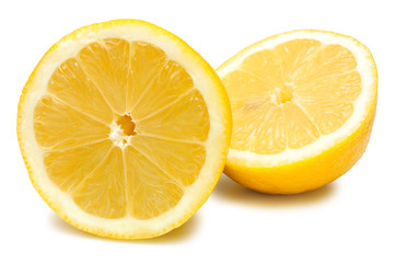 Halved lemon macro isolated on white