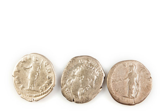 Roman denarius lie on a white background, the era of the Antonines, Marcus Aurelius, Antoninus Pius, Commodus, Caesar