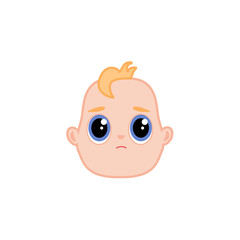 Cartoon baby face with sad expression. Flat unhappy infant boy kid disappointed emotion, newborn child ready to cry icon. Vector illustration for childish design on isolated background