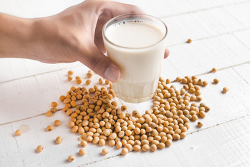 Soy milk In a glass On the white table Health drink