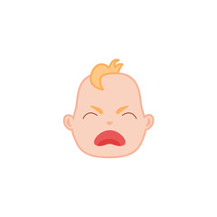 Cartoon baby face with crying expression. Flat unhappy infant boy kid disappointed emotion, newborn child sad icon. Vector illustration for childish design on isolated background