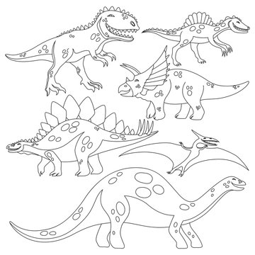 Beautiful coloring book for children with a set of dinosaurs on a white background.