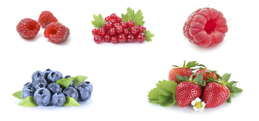 Red currant, strawberry, blueberry, raspberry isolated on white background
