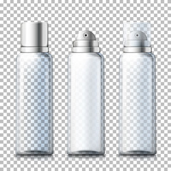 Vector set - 3d realistic foam bottles with silver and plastic caps on plaid background. Mock-up for product package branding.