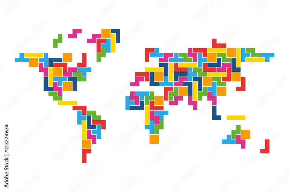 Poster world map mosaic of colorful tetris blocks. flat vector illustration. - Posters